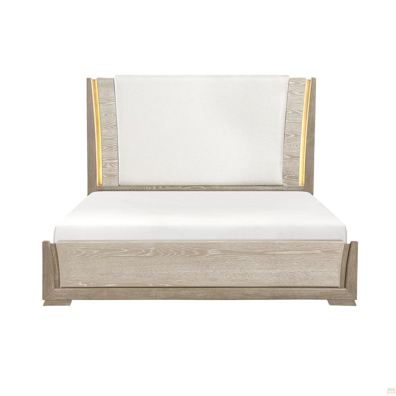 Luxurious LED Light Queen Bed Upholstered Headboard Architectural Design Brown Gray Finish Bedroom Furniture 1pc
