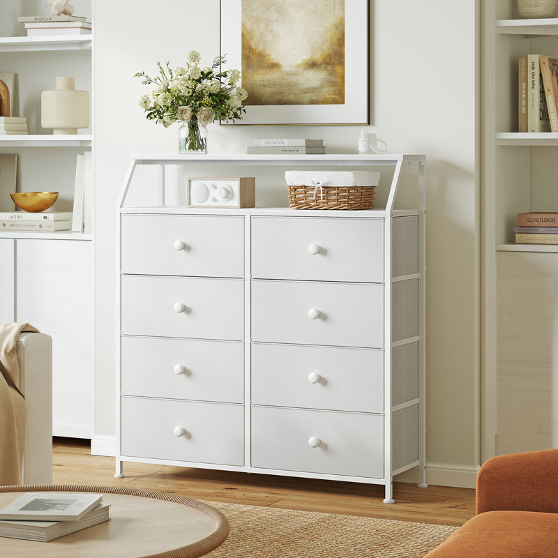 Ojaswi 8 Drawer, Double Dresser with Wooden, Chest of Drawer in 37.6'', White