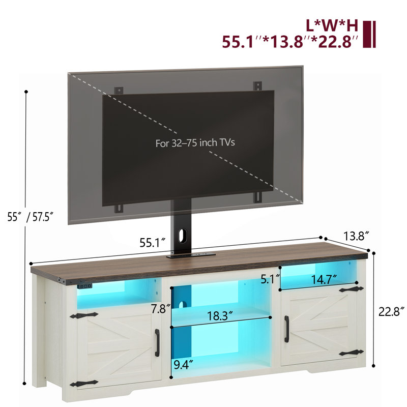 TV Stand with Mount and Charging Station LED Lights, Entertainment Center with Height Adjustable Swivel Mount and Barn Doors Storage Cabinets for TV