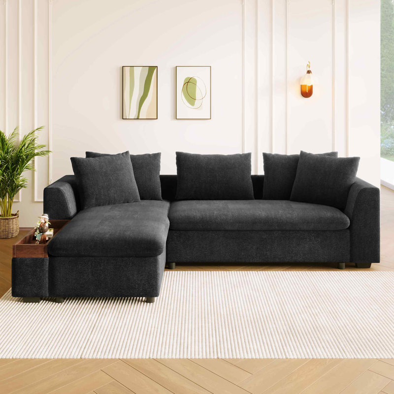 93.7" Upholstered Chenille L-Shape Sectional Sofa With Wooden Storage Compartment, Black Chenille