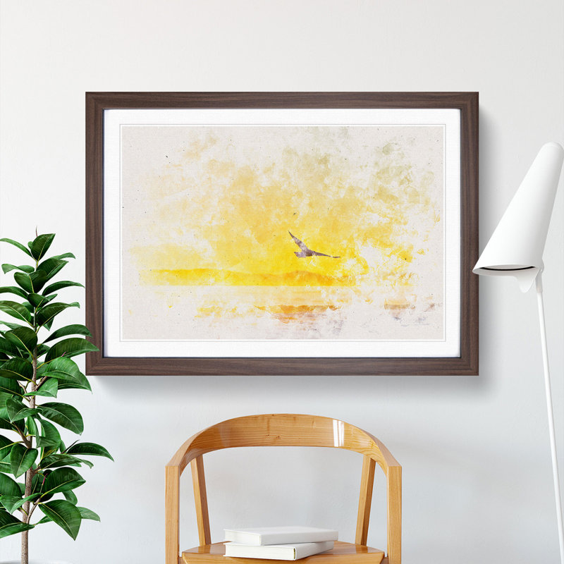 Seagull Flying over The Beach - Picture Frame Painting Print, 33cm H x 45cm W x 2cm D, Walnut Framed Framed