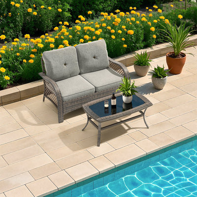 Ensemble de meubles de patio 2 pièces, canapé d'extérieur en osier avec table basse et coussin