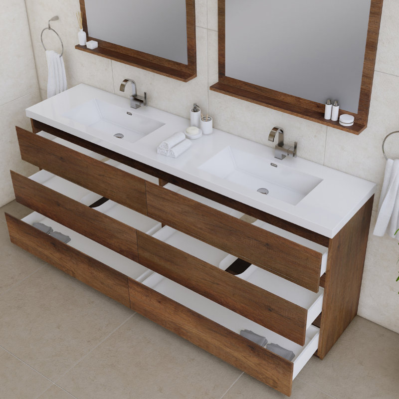 Arjina 84'' Double Bathroom Vanity with Solid Surface Top, Rosewood