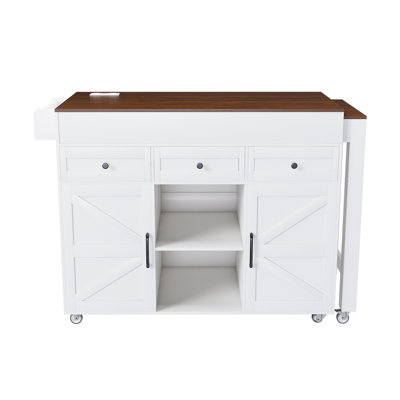 74.8" White Rolling Kitchen Island with Extendable Dining Table, Power Outlet - Storage Cart with 3 Drawers & 2 Door Cabinet for Dining Room