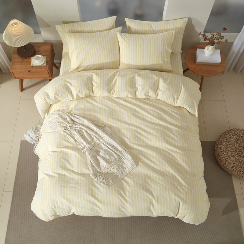 Ensemble de housse de couette rayée 100% coton délavé 3 pièces, White/Yellow, King Duvet Cover + 2 Pillowcases