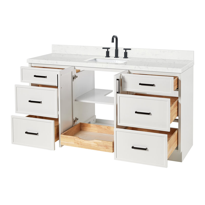 ARIEL Kelly 60 Single Sink Bathroom Vanity with Carrara Quartz Top, White, Rectangular, 66"