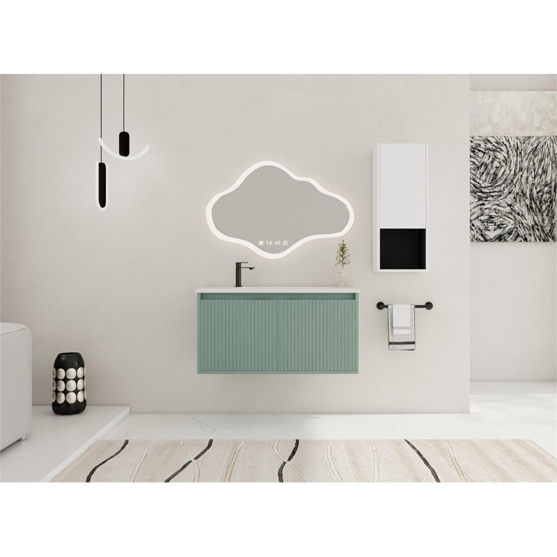 Meuble-lavabo flottant de 36 pouces avec lavabo en résine en forme de goutte et armoire latérale spacieuse, portes à fermeture en douceur pour salles de bain modernes