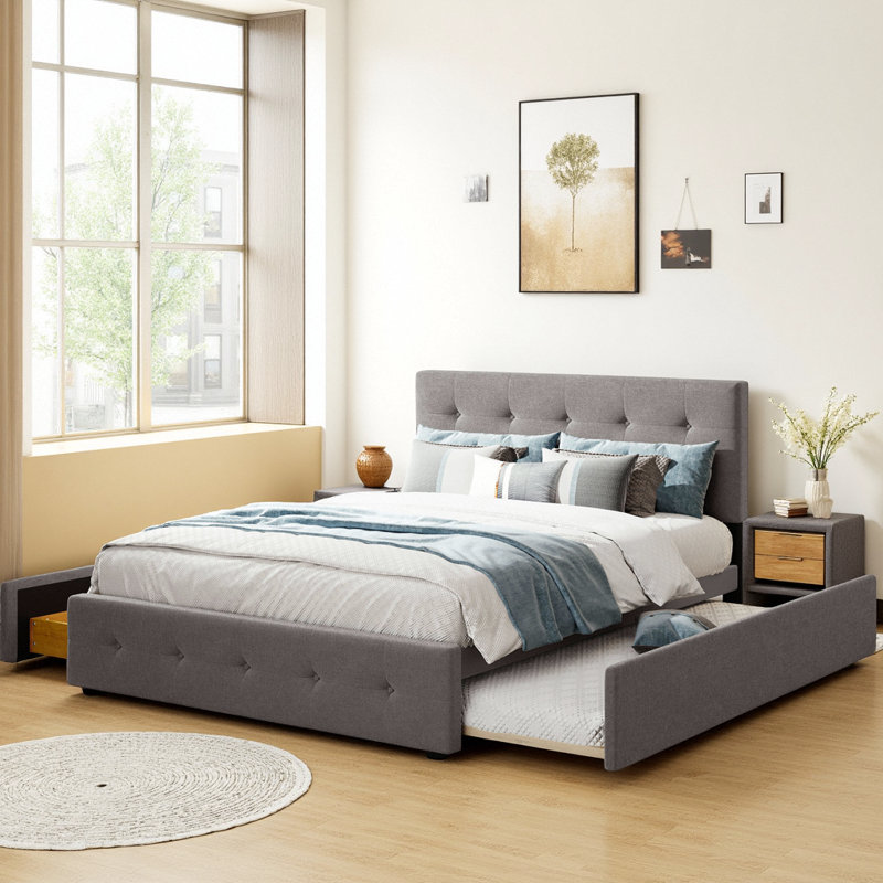Classic Button-Tufted Upholstered Platform Bed with 2 Drawers and Trundle, Gray