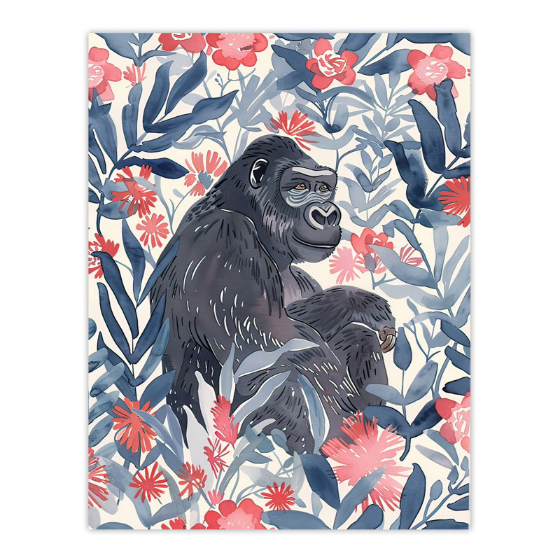 Gorilla Ape and Tropical Flowers Watercolour Wall Art Print