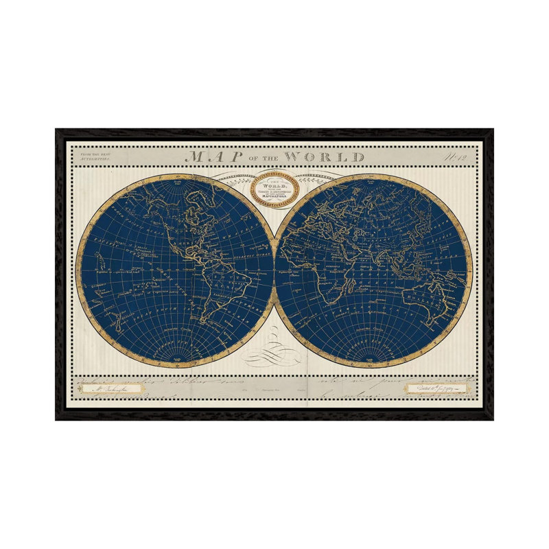 Torkingtons World Map Indigo Globes 1 Piece Wall Art on Canvas, 66.04cm H x 101.6cm W x 3.81cm D, Black Floater Framed