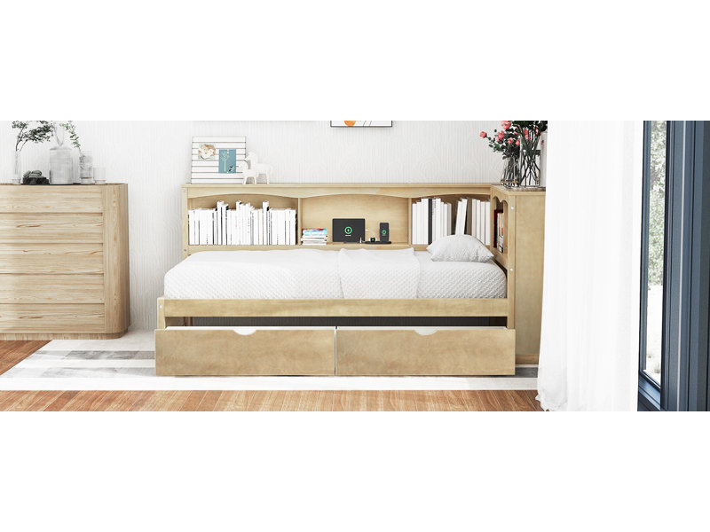 Lit de jour simple avec deux tiroirs et armoires de rangement, Brun