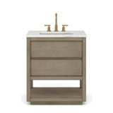 Oakman 30 In. Double Sink Carrara White Marble Countertop Bath Vanity In Grey Oak With Gold Faucets