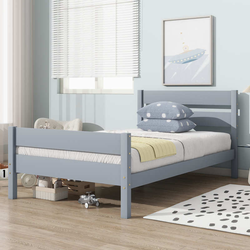 Lit simple avec tête et pied de lit, lit en bois d'hévéa, gris, Gris