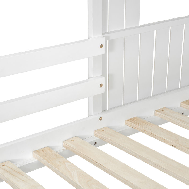 Lit superposé simple en bois sur lit double, lit mezzanine avec maisonnette, maison de campagne, échelle et garde-corps, blanc