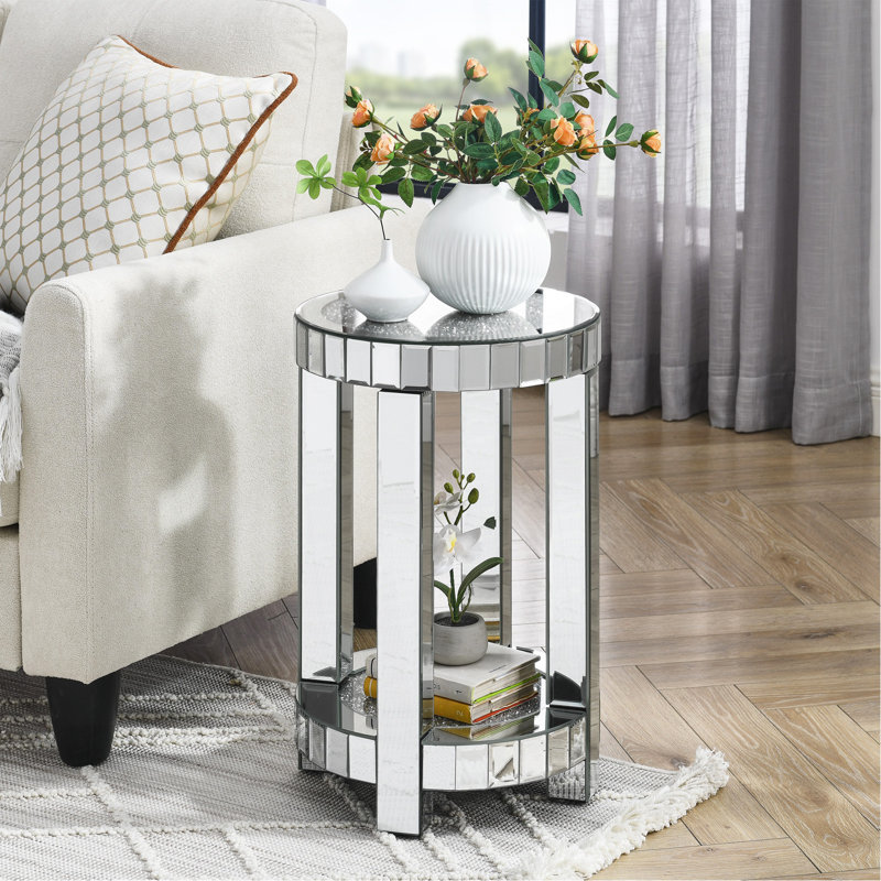 Table ronde miroir avec incrustations de cristal, petite table d'appoint moderne à 2 niveaux avec espace de rangement, table décorative argentée convenant au salon, à la chambre à coucher, au coin repas et aux petits espaces.