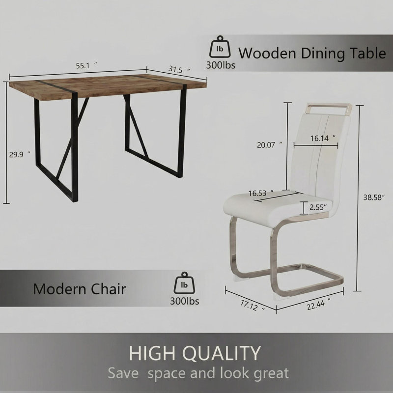 Modern Farmhouse 5-piece Dining Set With Rectangular Table & 4 Pu Leather Chairs, White/Silver