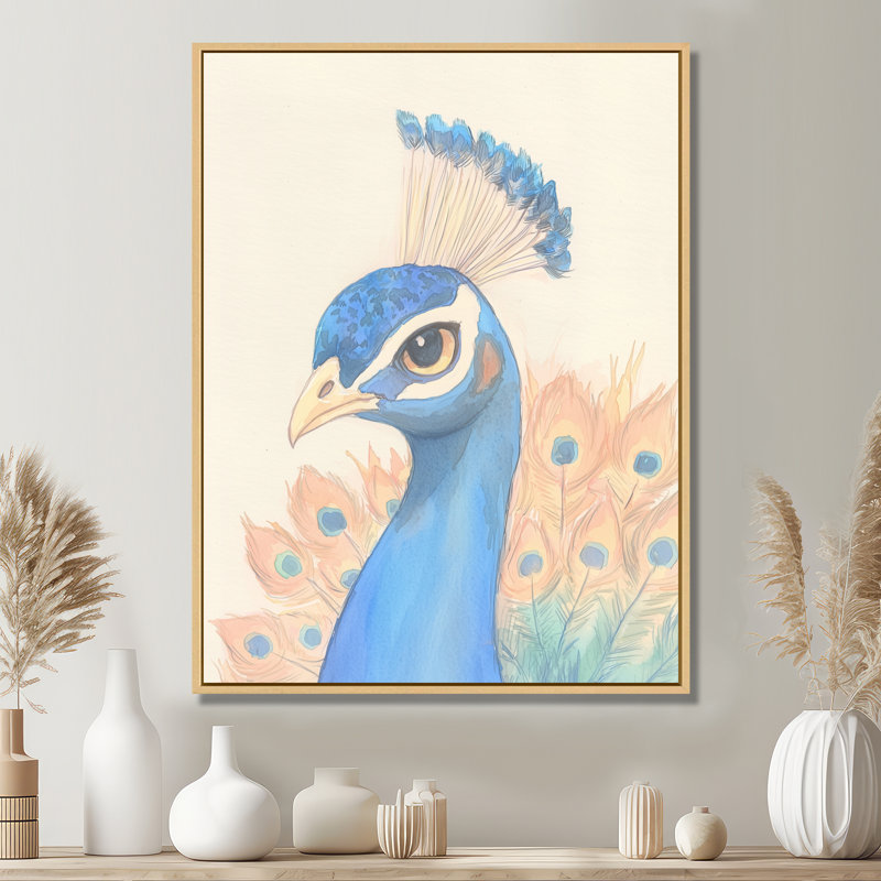 «Ishaan Peacock Feather Pastel Watercolor Show I», art mural sur toile, H 32 po x l 24 po, Crème, crème