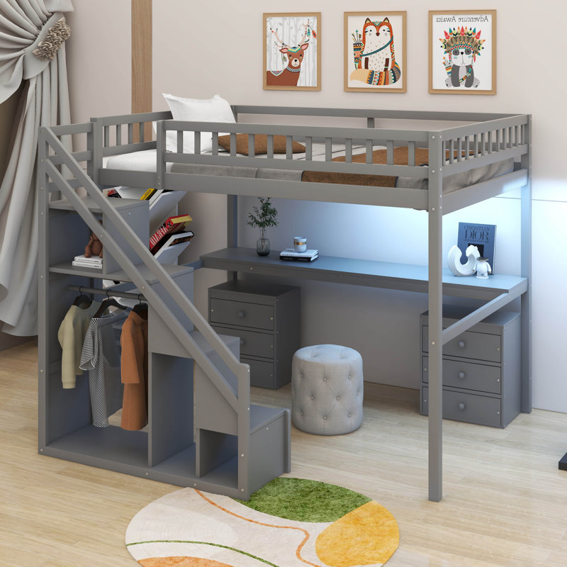 Lit mezzanine double avec deux tiroirs, Gris