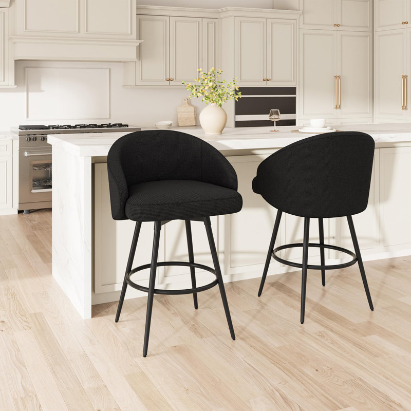Ensemble de 2 tabourets de bar pivotants à hauteur de comptoir avec dossier Repose-pieds 360 ° Rotation silencieuse revêtue de lin moderne pour îlot de cuisine Structure en métal noir robuste