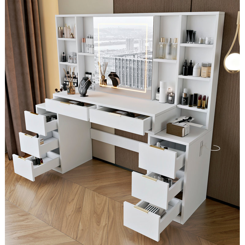 Bureau de maquillage avec miroir et lumières, grande table de coiffeuse de 59 po avec 8 tiroirs et tablettes de rangement ouvertes, luminosité réglable, coiffeuse pour chambre à coucher, femme et fille