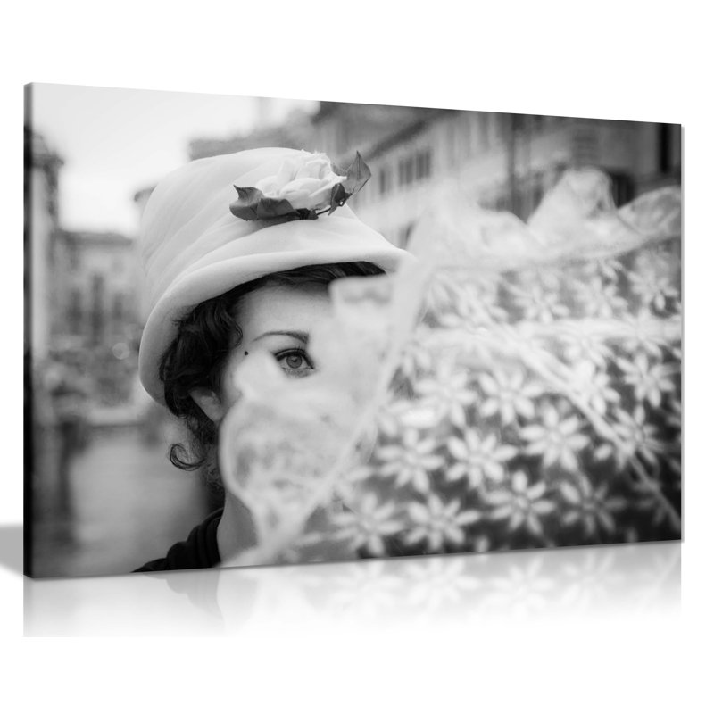Panther Print Fine Art Prints Black & White Shy Woman In Hat Portrait Artistic Framed Canvas Prints, Pictures For Home Walls, Bedroom, Living Room & Bathroom Decor - Wrapped Canvas Art Prints