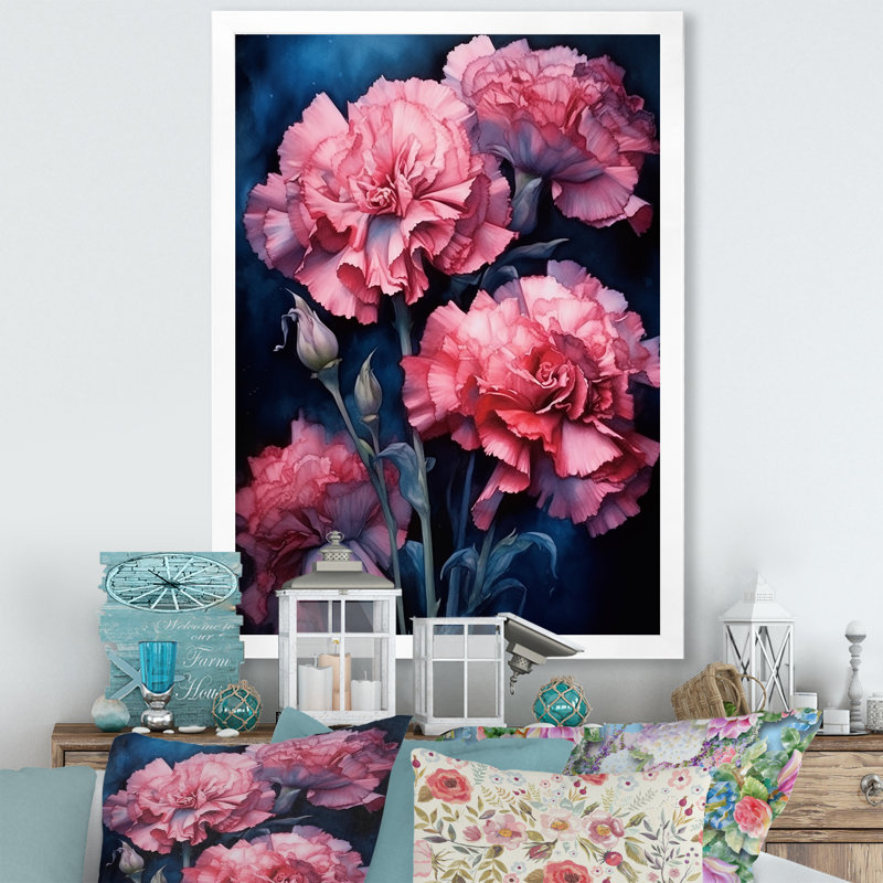 Œillets roses sur encre bleu marine - Œillets, impressions d'art mural, H 32 po x l 24 po x P 1 po, Cadre photo blanc