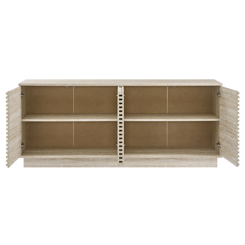 Mid-Century Modern 70" Beige Faux Travertine Sideboard Cabinet
