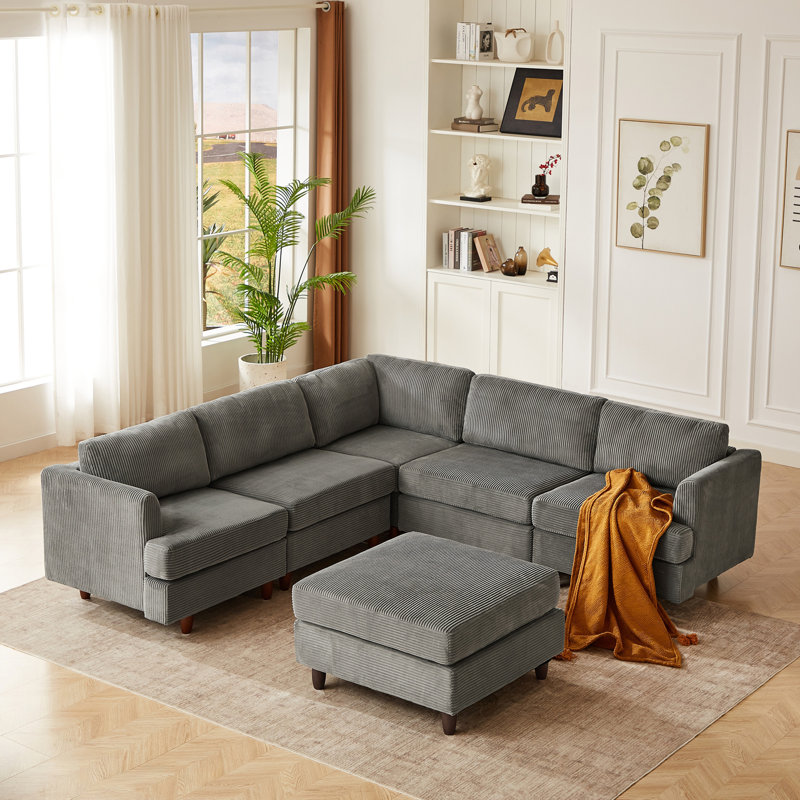 Canapé modulaire moderne à 6 places avec canapé-lit en velours côtelé (gris), Gris