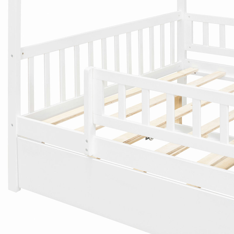 Wooden House Bed With Trundle, White