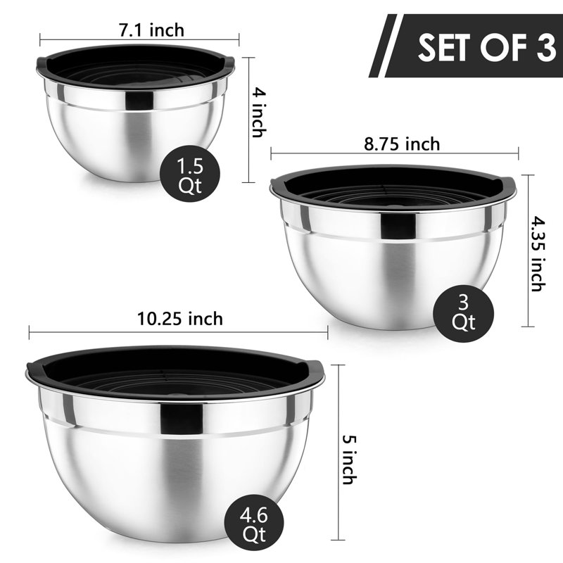 Black Mixing Bowls With Lids, Set Of 3, Stainless Steel Salad Nesting Bowl For Mixing, Storing, Prepping, Airtight & Stackable, Size 4.6/3 /1.5 QT