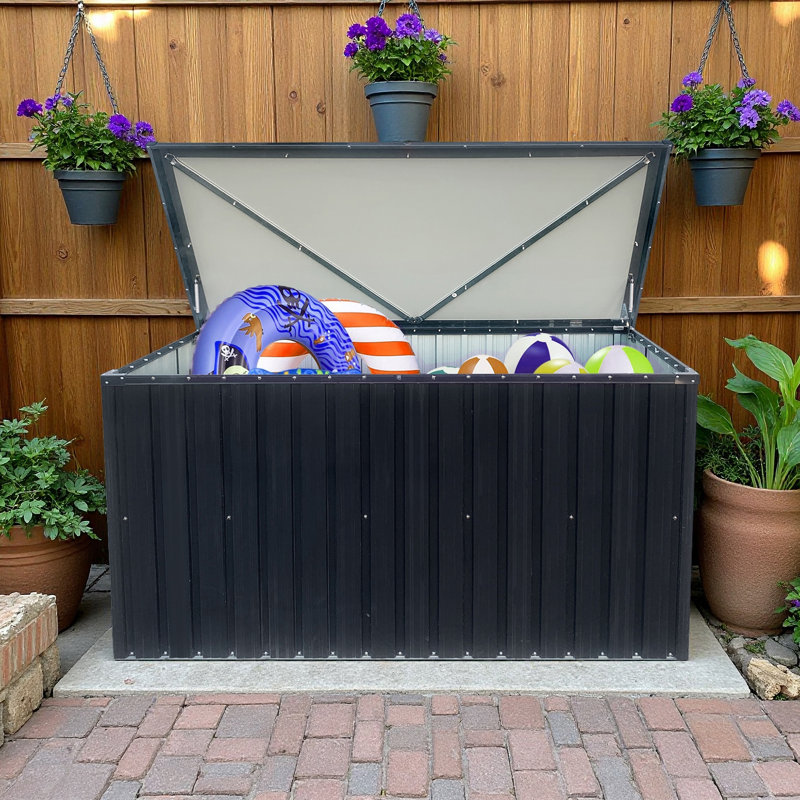 215 Gallon Large Capacity Deck Box, Outdoor Metal Storage Box,  With Lockable Lid & Waterproof Roof For Garden Tools, Pool & Patio Furniture