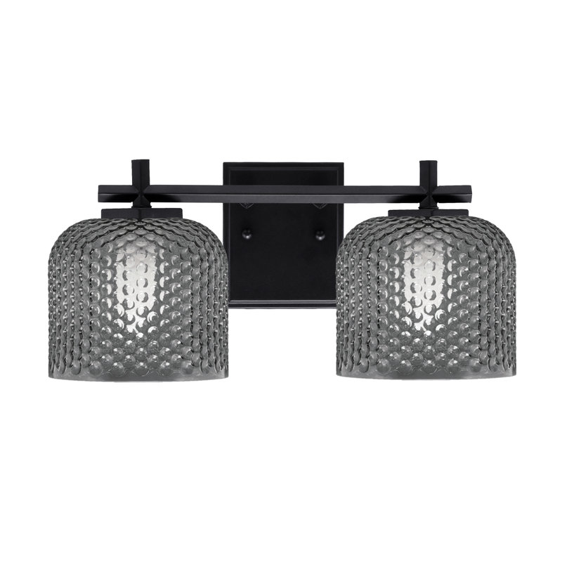 Barre d'éclairage de salle de bain 2 lumières Finola avec verre texturé fumé 6 po, Noir mat, Noir / transparent
