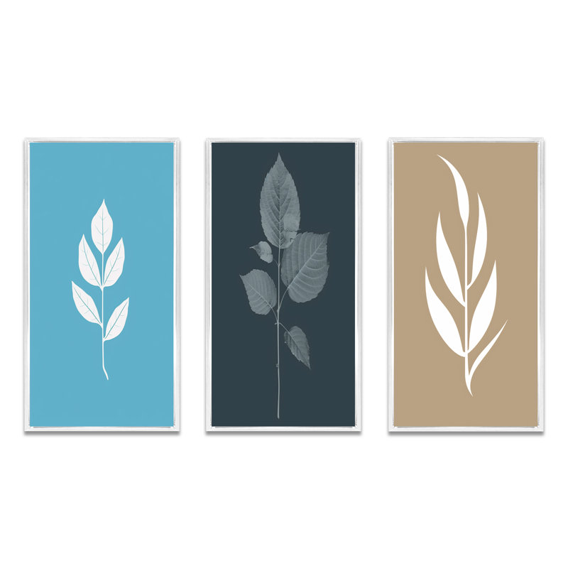 «Minimal Botanicals Single Leaf On Beige», 3 pièces, Cadre flottant blanc, H 40 po x l 60 po
