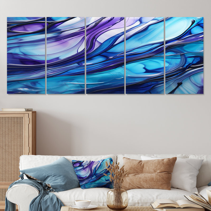 «Inner Nebula Deep Blue - Waves», art mural sur toile, 5 pièces, H 28 po x l 60 po