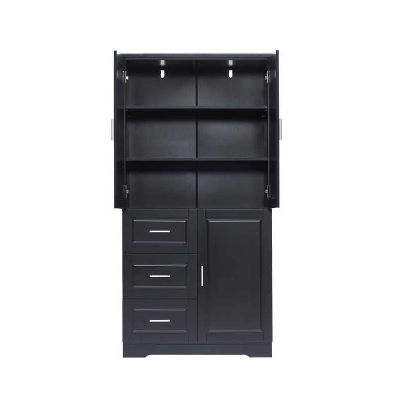 Tall And Wide Storage Cabinet With Doors For Bathroom/Office, Three Drawers, Black, Black