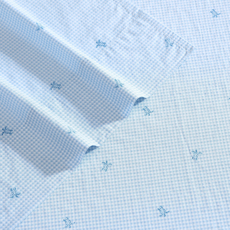 Percale Novelty 200 Thread Count Printed Cotton Sheet Set, Full Sheet Set with 2 Standard Pillowcases,  Blue Turtle Gingham