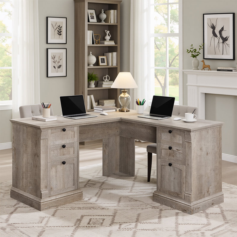 60" L Shaped Executive Desk with Drawers & Charging Station, Light Rustic Oak