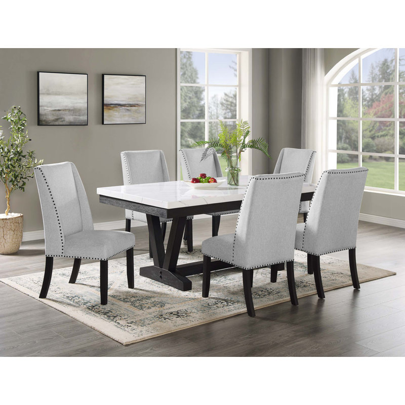 Ensemble de salle à manger 7 pièces de style contemporain en faux marbre avec plateau rectangulaire et chaises capitonnées en bois massif capitonné