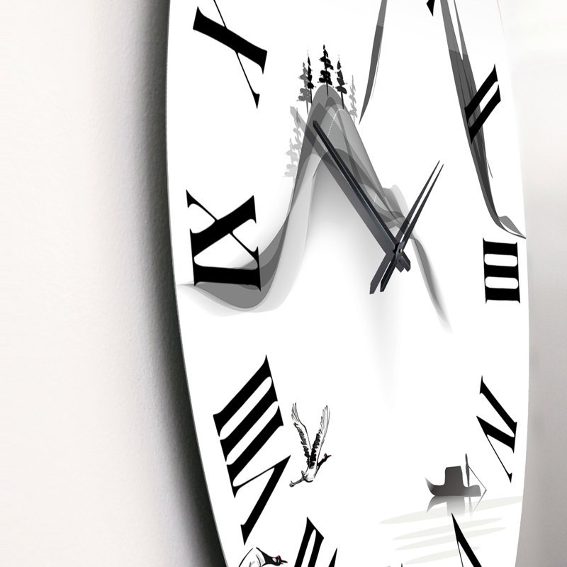 Paysage monochrome avec montagnes et bateau - horloge murale traditionnelle, Petit
