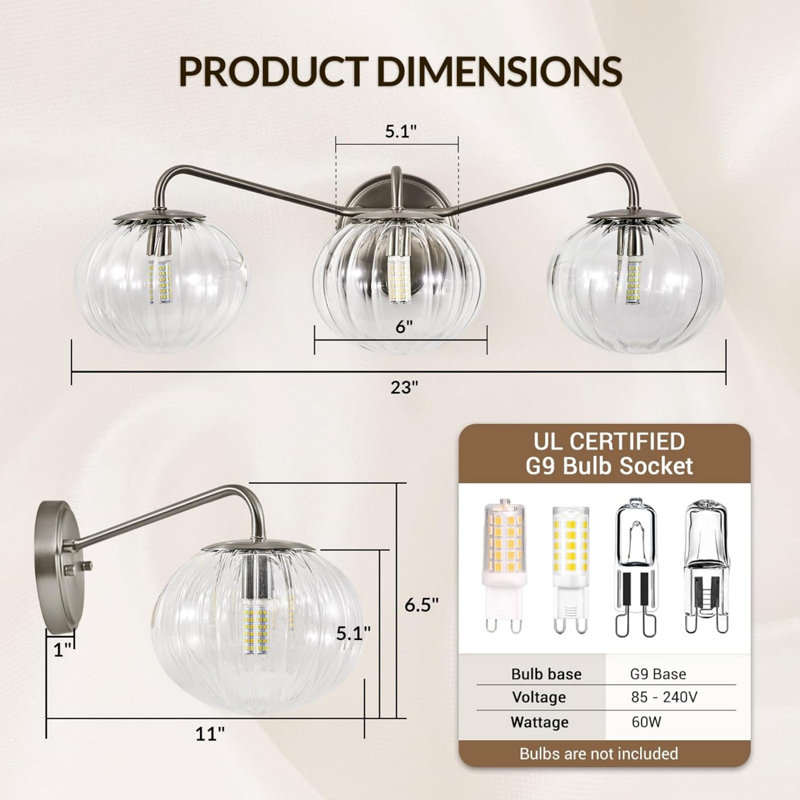 Contemporary Bathroom Vanity Light Fixture with Ribbed Clear Glass Globe Shades, Brushed Nickel, 3 Lights