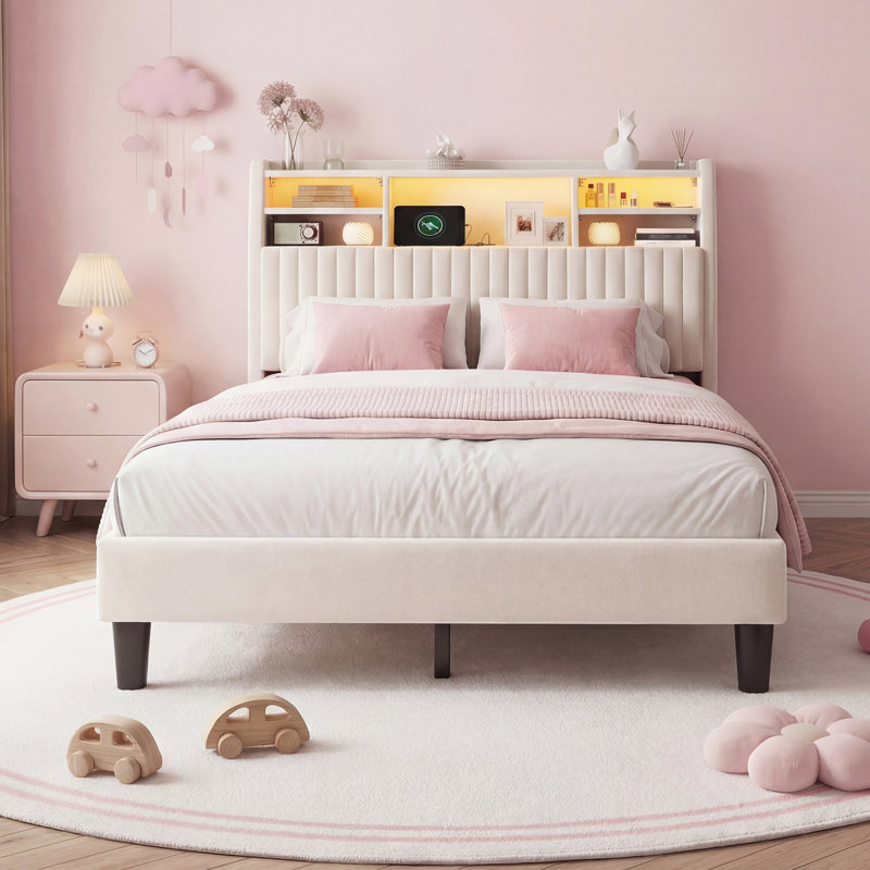 Upholstered Platform Bed With Storage Headboard, Led Lights & Charging Station, Full, Beige