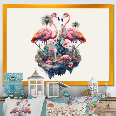 Double exposition de flamants roses avec la nature - reproduction d'art sur toile