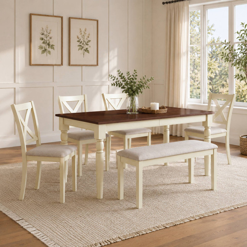 Ensemble de table de salle à manger 6 pièces en bois massif avec banc Farmhouse, Cream, Beige/Cream