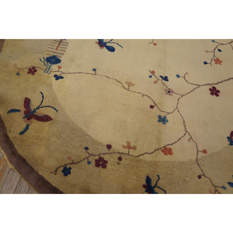 Antique 1920s Ivory Beige Cream White Oval Shape Hand Knotted  Wool Pile Deco Chinese Rug