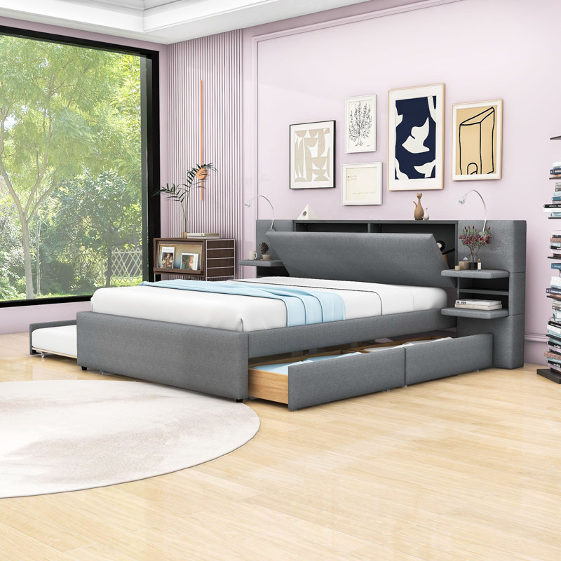 Queen Upholstered Platform Bed with 2 Drawers and Trundle and Lights, Gray