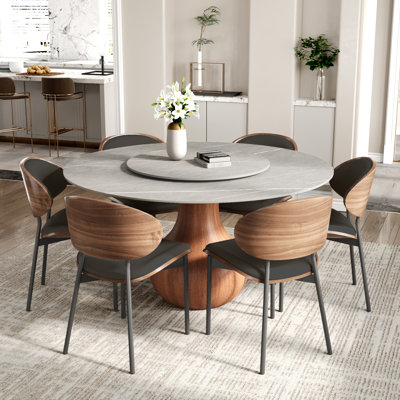 Otelia 7Pcs Dining Set + Lazy Susan + Black Upholstered Chairs