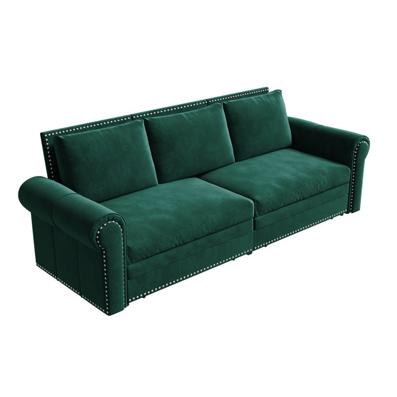 3-In-1 Velvet Convertible Sleeper Sofa, 93.7" W King Pull Out Sofa Bed, With Nailhead Trim & Rolled Arm, Green