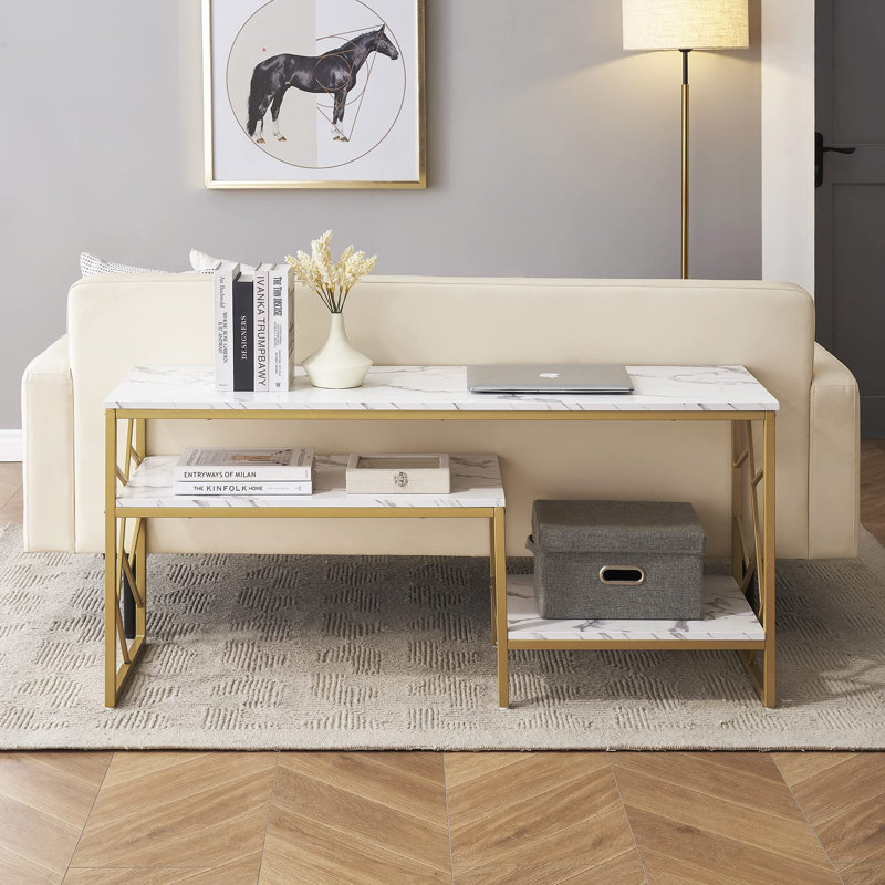 Canapé de 51 po Malikaih, console en faux marbre avec structure en métal doré et tablette de rangement