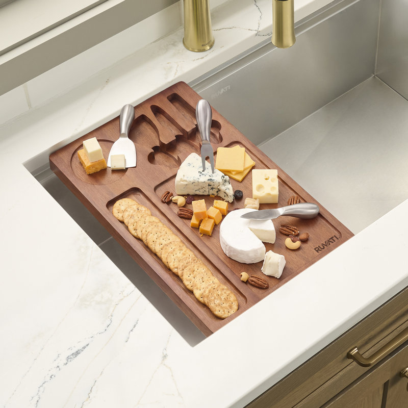 Ruvati LedgeFit Charcuterie Cheese Board Serving Tray Workstation Accessory on Sink Mahogany Wood