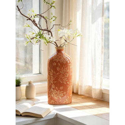 Vase décoratif en céramique rouge avec motif floral, grand vase de table fabriqué à la main de 14,4 po - Centre de table artisanal vitré pour salon, table de salle à manger et tablette